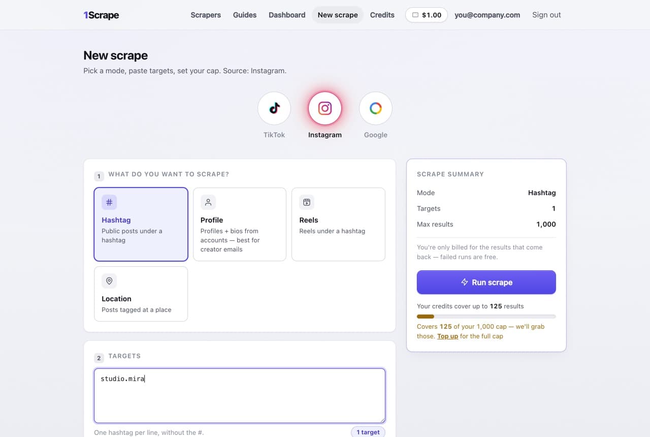 The 1Scrape builder set to Instagram, with a username typed into the targets box and the run summary alongside it.